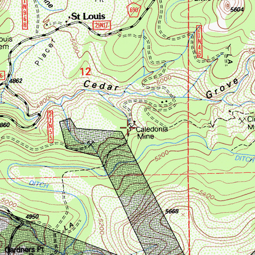 Topographic Map of Caledonia Mine, CA
