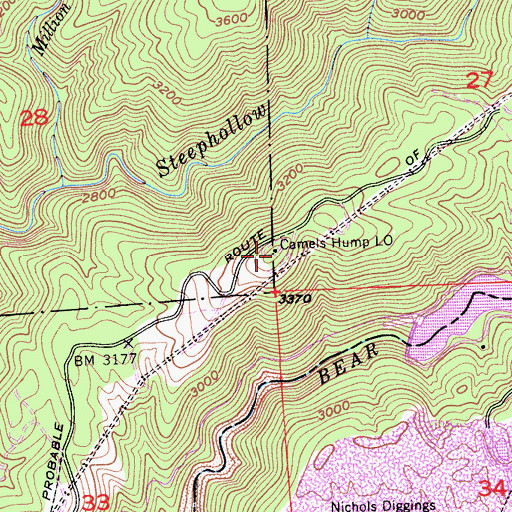 Topographic Map of Camels Hump Lookout, CA