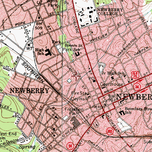 Topographic Map of Newberry City Fire Department, SC