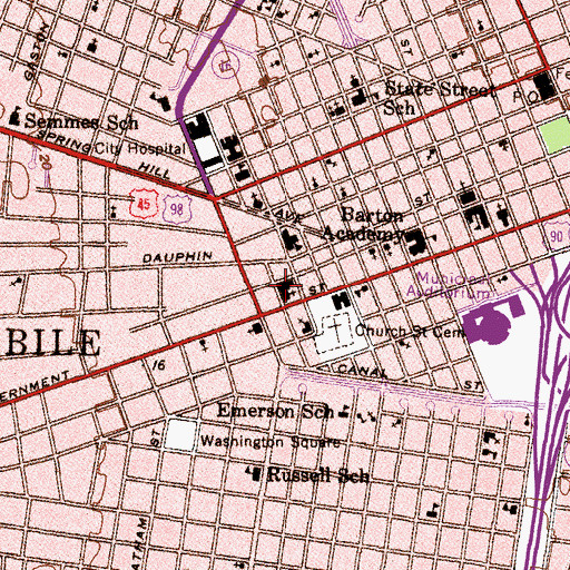 Topographic Map of First Baptist Church of Mobile, AL
