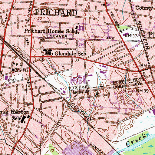 Topographic Map of City of Prichard C A Morris Wastewater Treatment Plant, AL