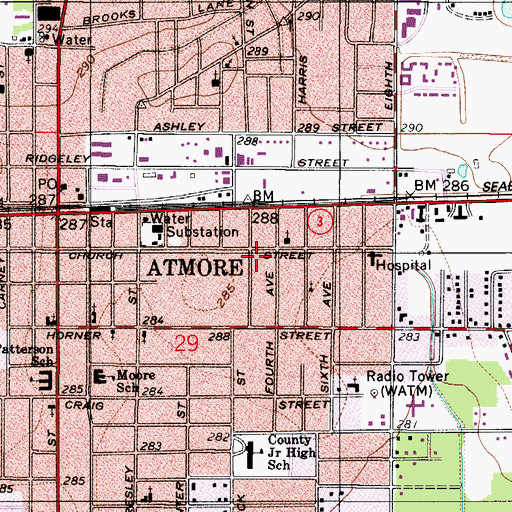 Topographic Map of Atmore Public Library, AL