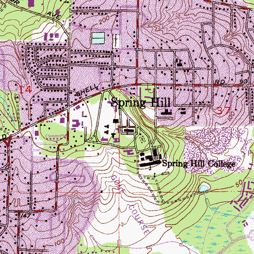 Topographic Map of Spring Hill College Mobile Hall, AL