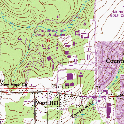 Topographic Map of University of South Alabama Main Campus Alumni Hall, AL