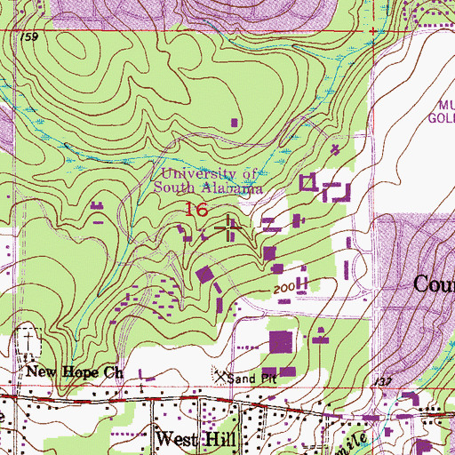 Topographic Map of University of South Alabama Main Campus Humanities Building, AL