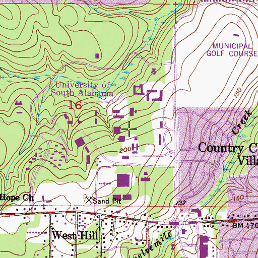 Topographic Map of University of South Alabama Main Campus Meisler Hall, AL