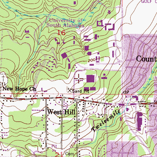 Topographic Map of University of South Alabama Main Campus Mitchell Center, AL
