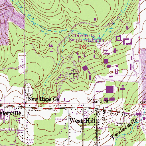 Topographic Map of University of South Alabama Main Campus Gamma Residence Hall 7, AL