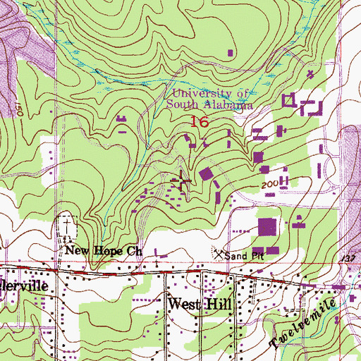 Topographic Map of University of South Alabama Main Campus Gamma Residence Hall 8, AL