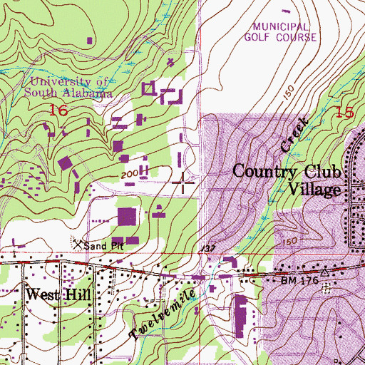 Topographic Map of University of South Alabama Main Campus Tholos of Delphi Replica, AL