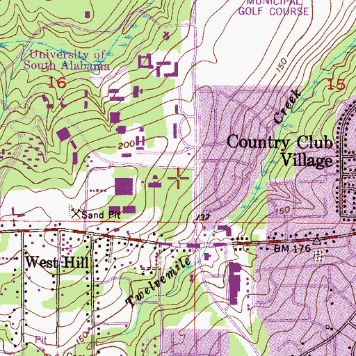 Topographic Map of University of South Alabama Main Campus Laidlaw Performing Arts Center, AL