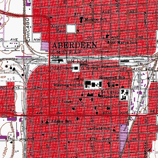 Topographic Map of Aberdeen Fire and Rescue, SD
