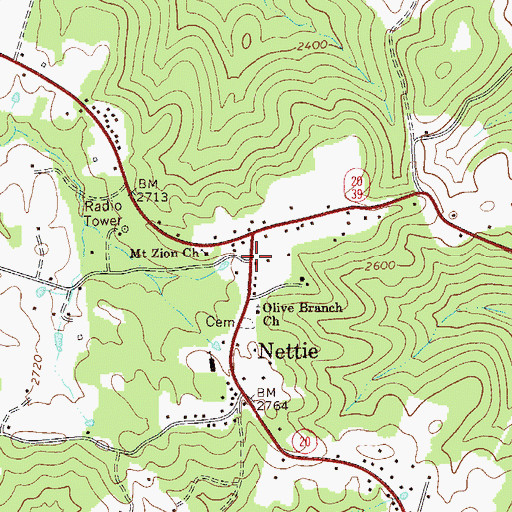 Topographic Map of Quinwood Emergency Ambulance Service Nettie, WV