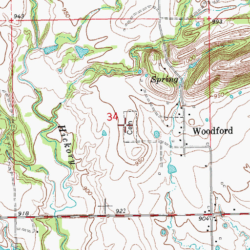 Topographic Map of Woodford Cemetery, OK