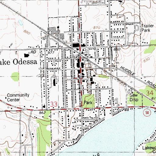 Topographic Map of Lake Odessa Post Office, MI