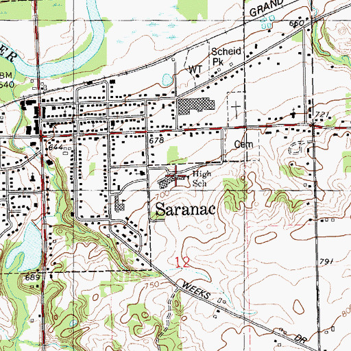 Topographic Map of Saranac High School, MI
