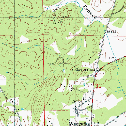 Topographic Map of Weogufka Census Designated Place, AL