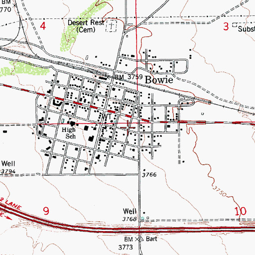 Topographic Map of Bowie Census Designated Place, AZ