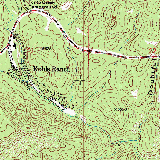 Topographic Map of Kohls Ranch Census Designated Place, AZ
