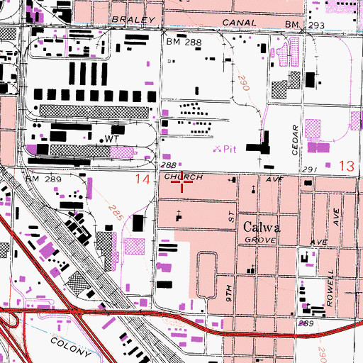 Topographic Map of Calwa Census Designated Place, CA