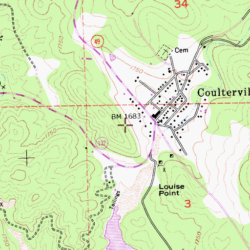 Topographic Map of Coulterville Census Designated Place, CA