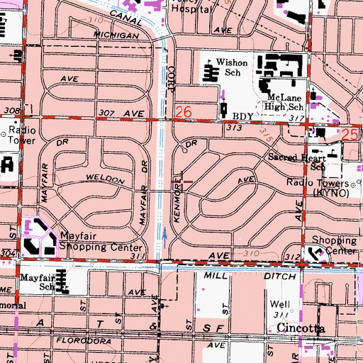 Topographic Map of Mayfair Census Designated Place, CA