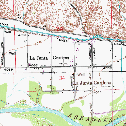 Topographic Map of La Junta Gardens Census Designated Place, CO