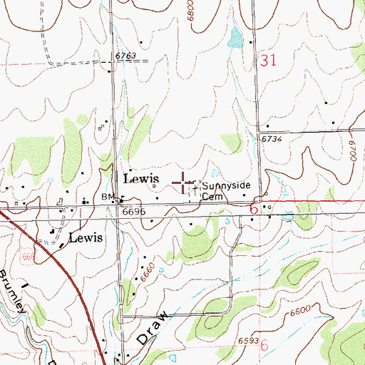 Topographic Map of Lewis Census Designated Place, CO