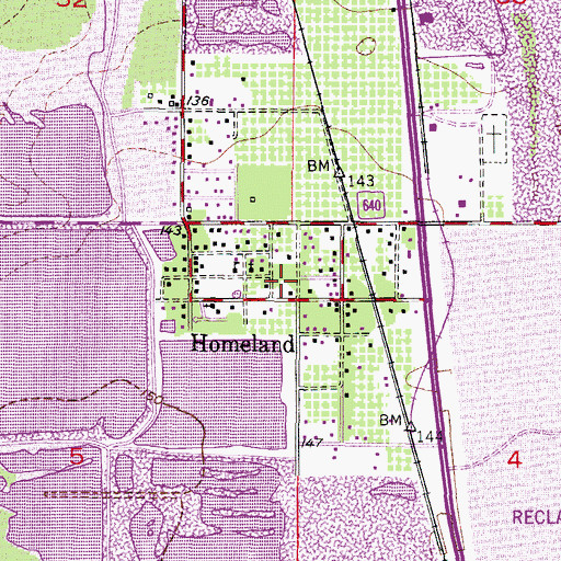 Topographic Map of Homeland Census Designated Place, FL