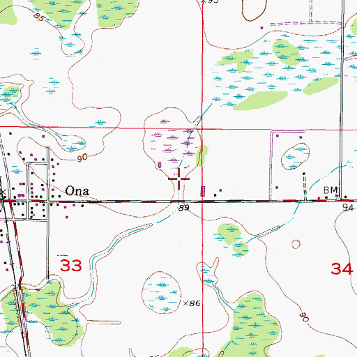 Topographic Map of Ona Census Designated Place, FL