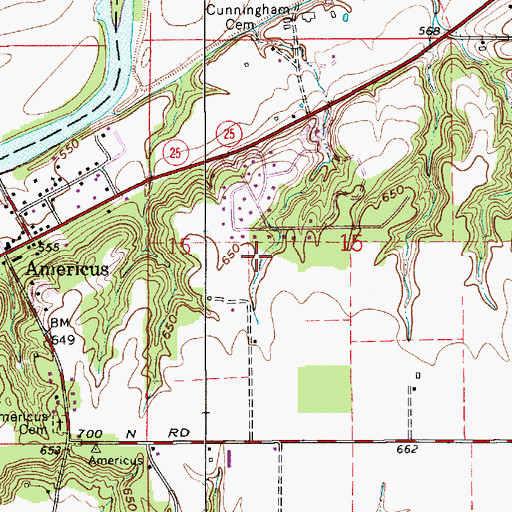 Topographic Map of Americus Census Designated Place, IN