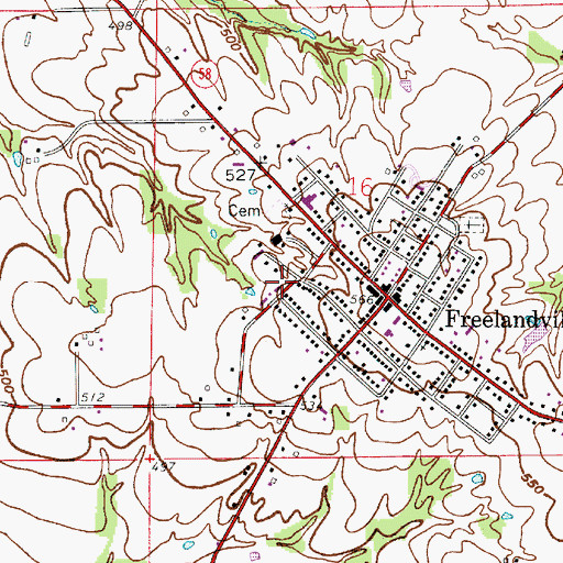 Topographic Map of Freelandville Census Designated Place, IN