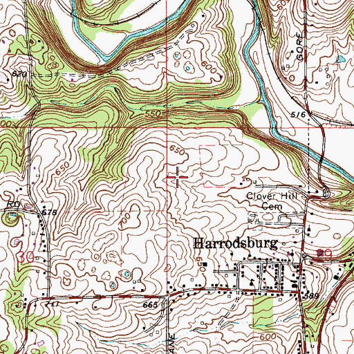 Topographic Map of Harrodsburg Census Designated Place, IN