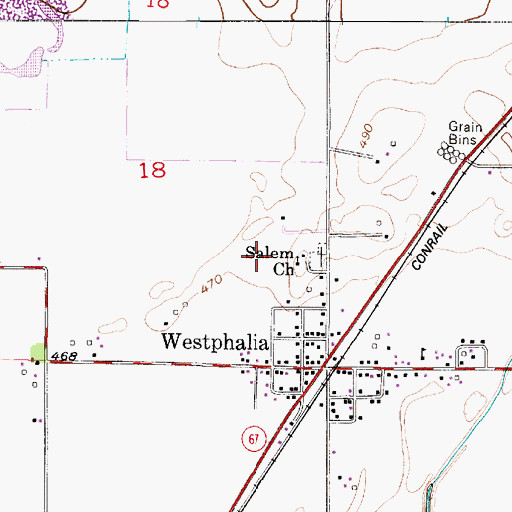 Topographic Map of Westphalia Census Designated Place, IN