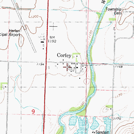 Topographic Map of Corley Census Designated Place, IA