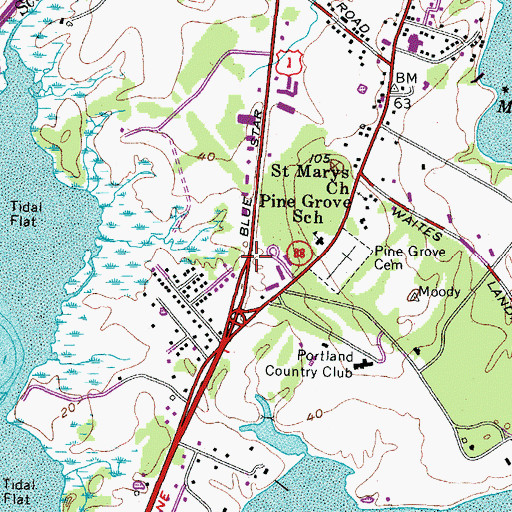 Topographic Map of Falmouth Census Designated Place, ME