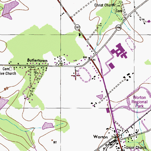 Topographic Map of Butlertown Census Designated Place, MD