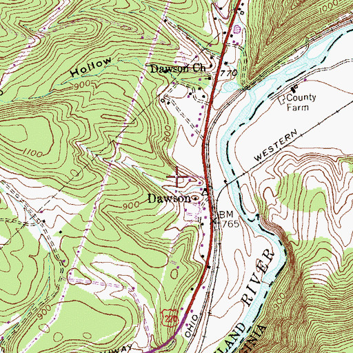 Topographic Map of Dawson Census Designated Place, MD