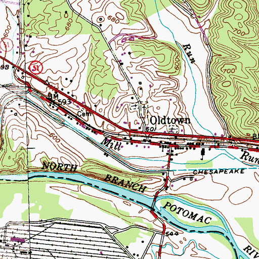 Topographic Map of Oldtown Census Designated Place, MD