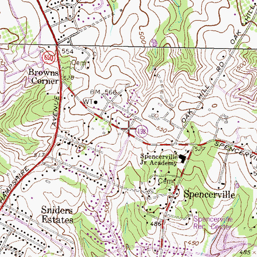 Topographic Map of Spencerville Census Designated Place, MD