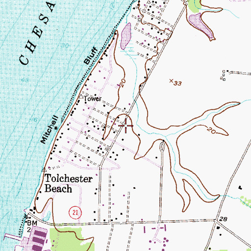 Topographic Map of Tolchester Census Designated Place, MD