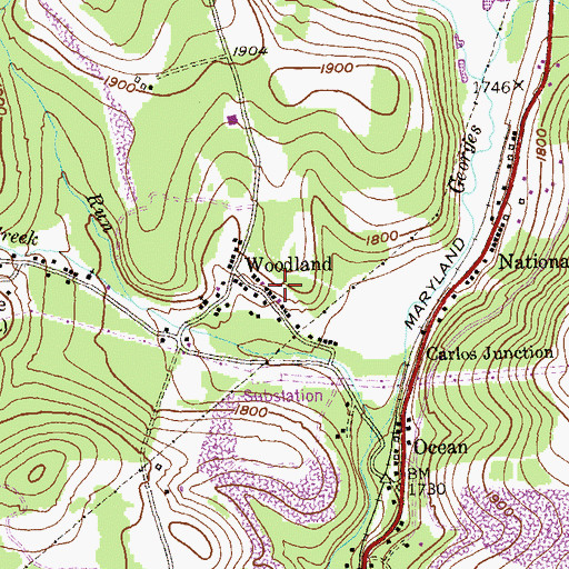 Topographic Map of Woodland Census Designated Place, MD