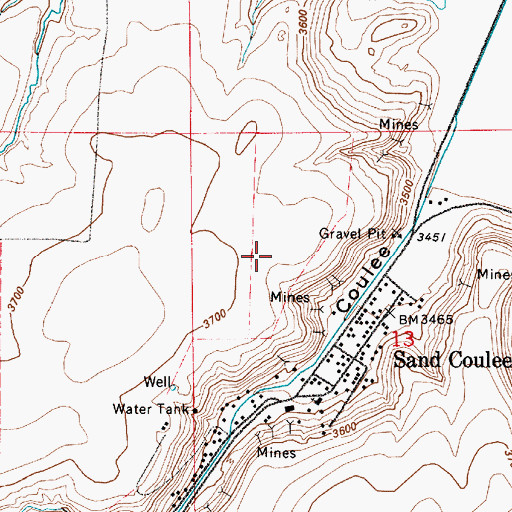 Topographic Map of Sand Coulee Census Designated Place, MT