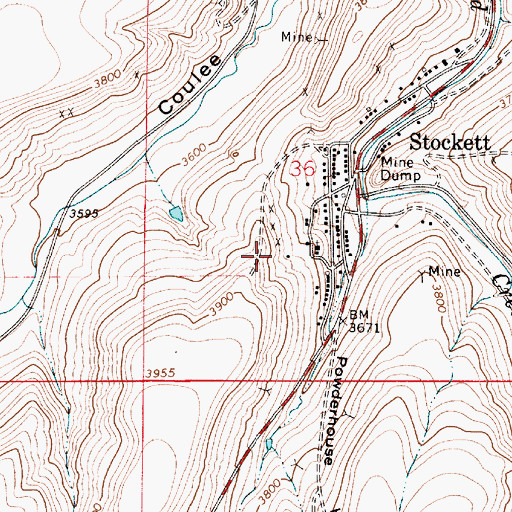 Topographic Map of Stockett Census Designated Place, MT