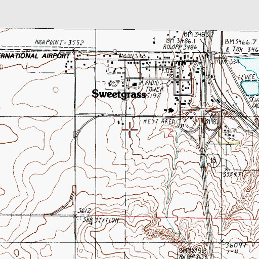 Topographic Map of Sweet Grass Census Designated Place, MT