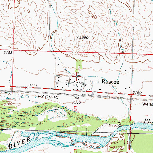 Topographic Map of Roscoe Census Designated Place, NE
