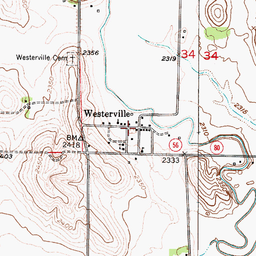 Topographic Map of Westerville Census Designated Place, NE
