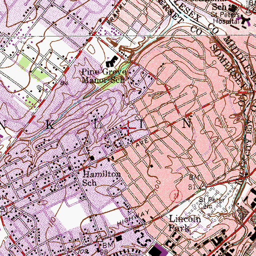 Topographic Map of East Franklin Census Designated Place, NJ