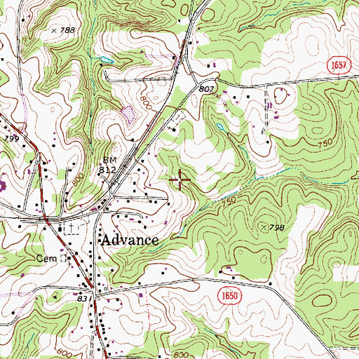 Topographic Map of Advance Census Designated Place, NC