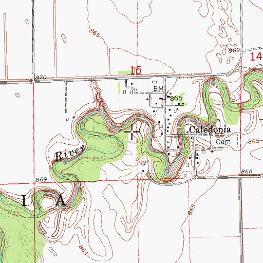 Topographic Map of Caledonia Census Designated Place, ND